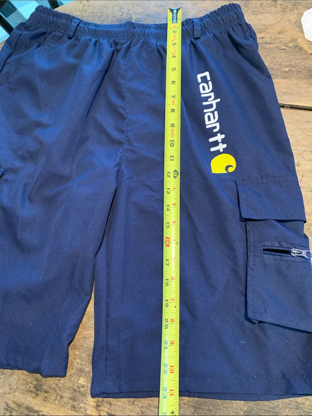 Carhartt Teens/ Men’s Navy Cargo Shorts with Yellow Logo - Picture 9 of 11